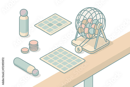 Isometric Bingo Night Essentials. Isometric vector illustration set Game night moment: bingo dauber number card, lucky ball tray,