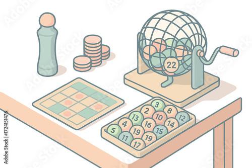 Isometric Bingo Night Essentials. Isometric vector illustration set Game night moment: bingo dauber number card, lucky ball tray,