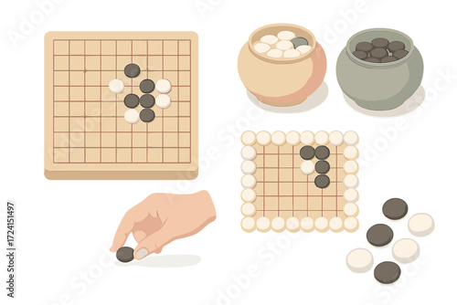 Traditional Go Match Icons. Isometric vector illustration set Traditional Go match: go stone capture territory, white and black