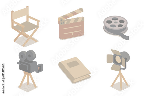 Movie Set Icons. Isometric vector illustration set Movie set equipment: director chair clapboard shot, film reel, camera rig,