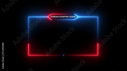 Glowing vibrant neon text display on dark background, stream starting soon animation for live videos and gaming intros. streaming and broadcasting social media motion design element