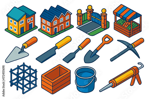 Urban Construction Icons. Isometric vector illustration set modern urban and construction designs: residential duplex, townhouse,
