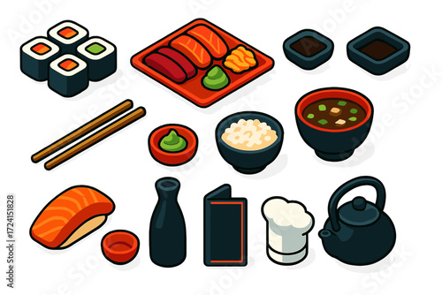 Vibrant Sushi Bar Icons. Isometric vector illustration set Sushi Bar: sushi rolls, sashimi plate, soy sauce dish, chopsticks, miso