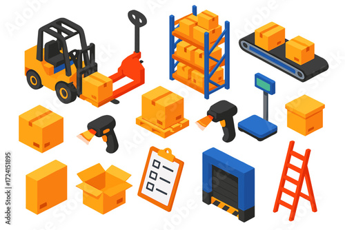 Warehouse Icon Set. Isometric vector illustration set Warehouse Operations: forklift, pallet jack, shelves with boxes, conveyor