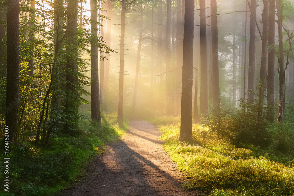 Obraz premium Forest path in the morning fog, soft light, peaceful atmosphere, photorealism.