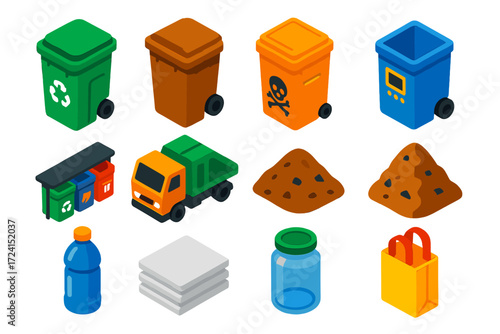 Vibrant Waste Management Icons. Isometric vector illustration set Waste Management: recycling bin, compost container, hazardous