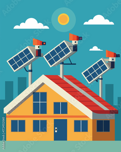 A series of solarpowered security cameras installed on a commercial building providing constant surveillance for businesses and their clientele.. Vector illustration