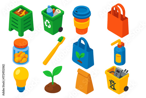 Zero Waste Essentials Icons. Isometric vector illustration set Zero Waste Lifestyle: compost bin, recycling bin, reusable cup,