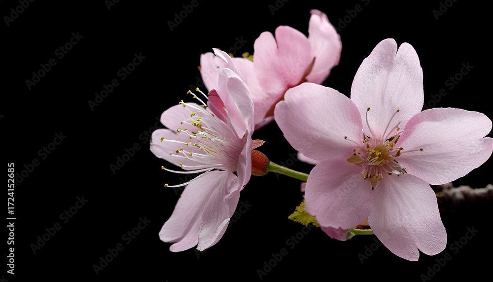Fototapeta premium Delicate Pink Cherry Blossom Flowers Against A Black Background