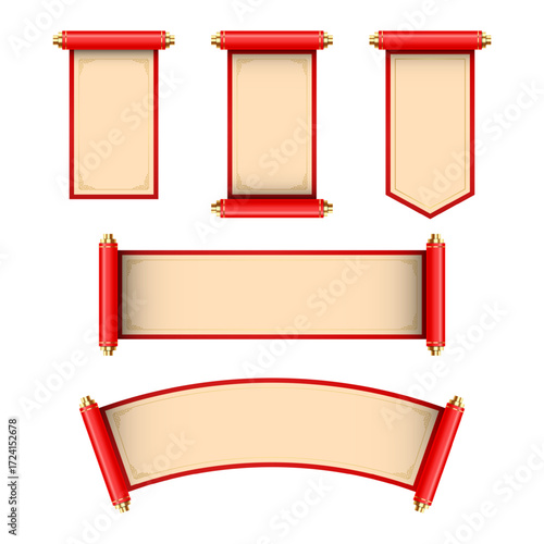 3D Chinese scroll set, banner kit, red vector festive royal asian game UI traditional design element. Luxury celebration China background, spring floral print, silk banner. vector illustration