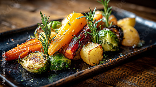 Photography Roasted vegetables platter featuring vibrant carrots, brussels sprouts, and pota