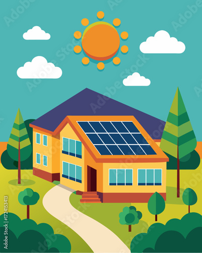A middle school in a suburban neighborhood is proud to have reduced their carbon footprint by utilizing solar energy to power their classrooms and facilities.. Vector illustration