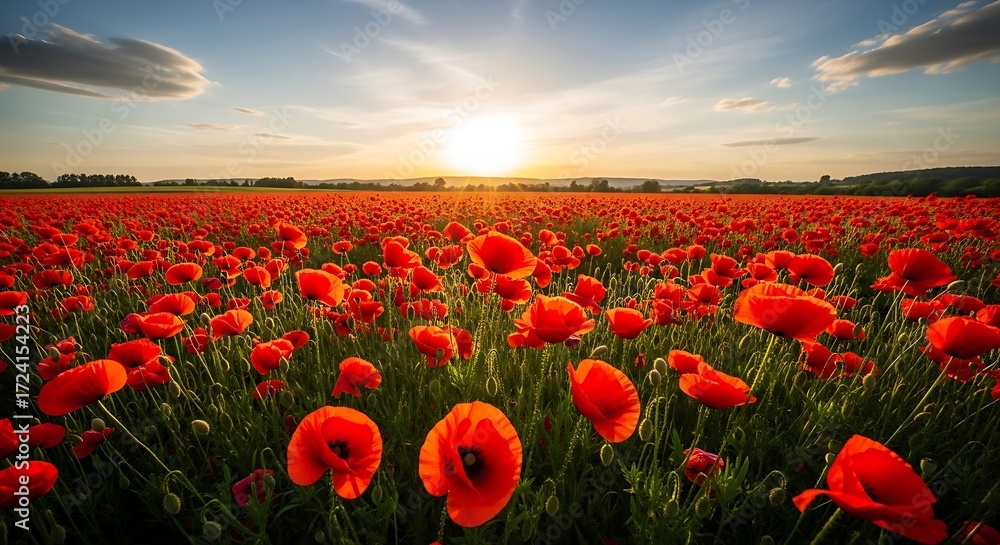 Fototapeta premium Vibrant poppy field under a radiant sunset, picturesque rural scenery