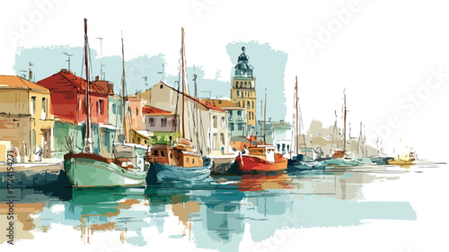 Harbor Painting with Boats and Buildings - Serene Maritime Scene