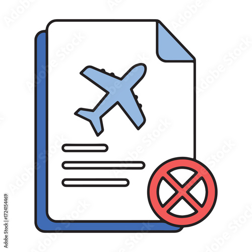 Isolated vector icon of a cancelled flight document with an airplane and a red prohibition sign, symbolizing a travel ban