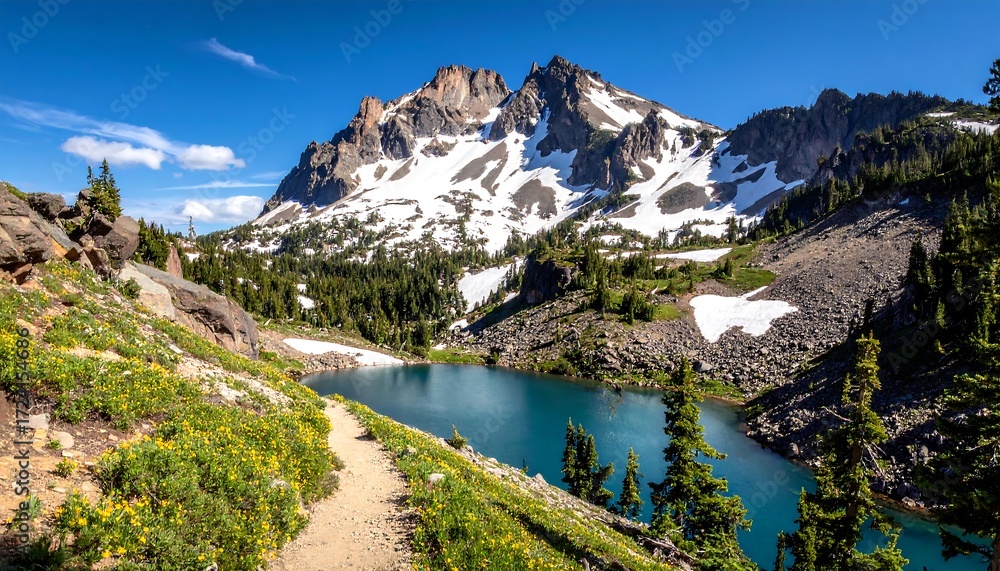 Fototapeta premium Mountain lake vista with wildflowers