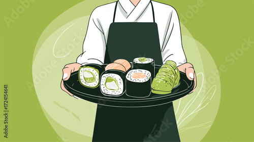 Exquisite Plate of Sushi on Green Background for Culinary Professionals