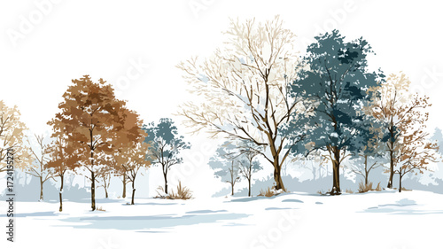 Enchanting Winter Scene with Snow-Covered Trees on Ground
