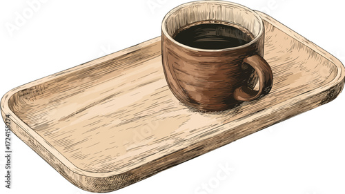 Elegant Wooden Tray with Coffee Cup Vector Illustration for Cafe Menu Design