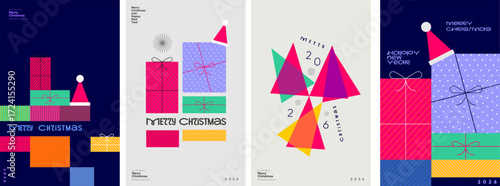 A vibrant and modern Christmas design featuring colorful geometric shapes and gift boxes. The festive artwork includes a Santa hat and playful typography, perfect for holiday greetings and New Year