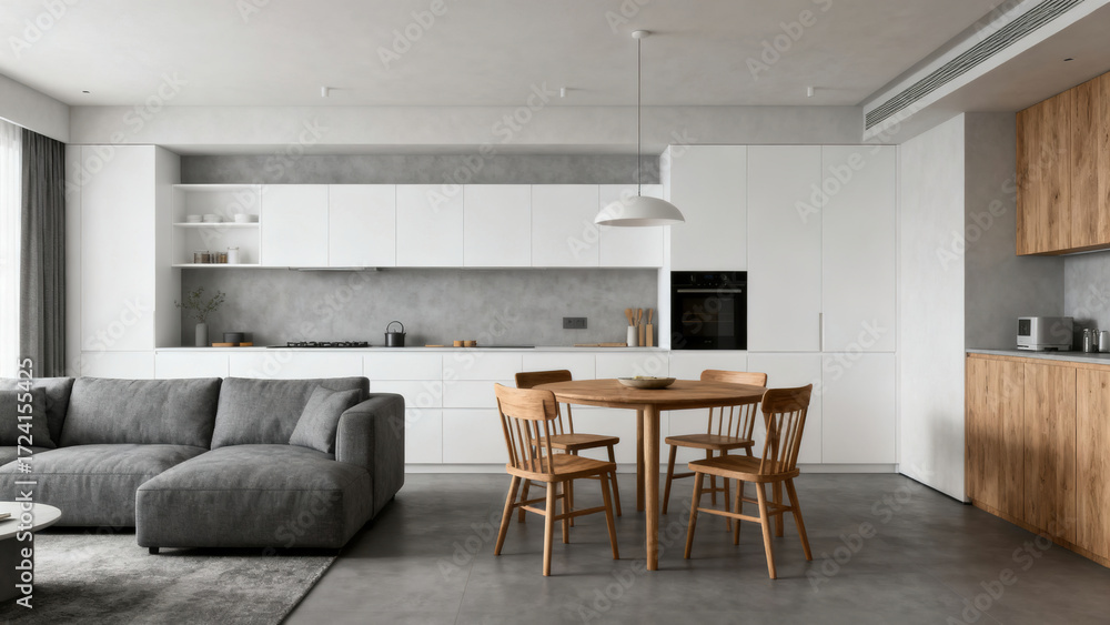 Fototapeta premium Modern Minimalist Gray Sofa Living Room with Wooden Table