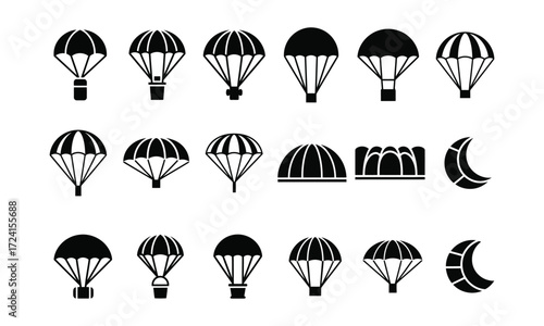 Parachute icons Collection in various color showing different shapes and styles of parachutes