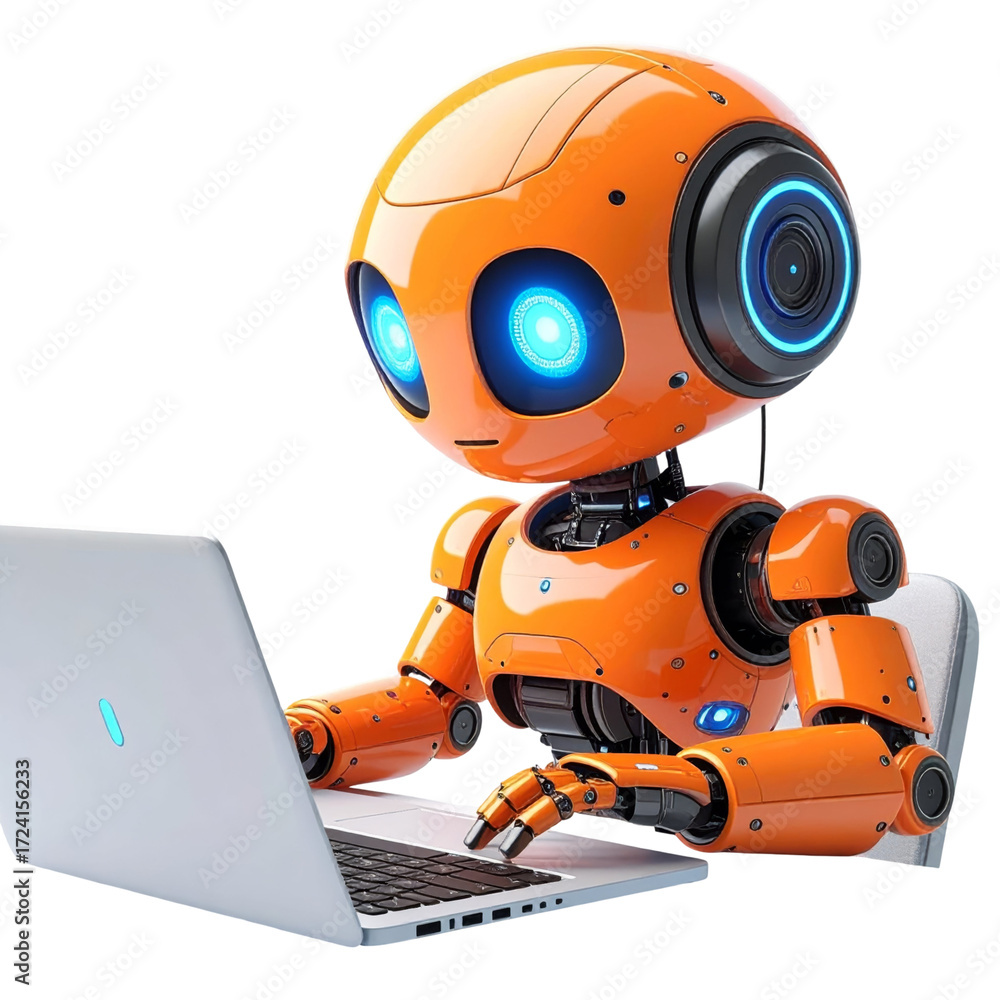 Fototapeta premium A cute AI robot character performing various business and finance activities, GPT chatbot icon. Artificial intelligence, trendy technology, support service, funny automation computer