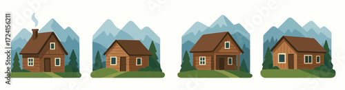 Set of four vectors of a cabin small home in the mountains