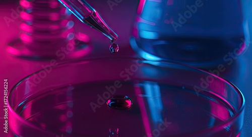 Close up of a pipette dropping liquid into a petri dish with colorful lighting