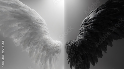 A contrasting pair of angel and demon wings on split background