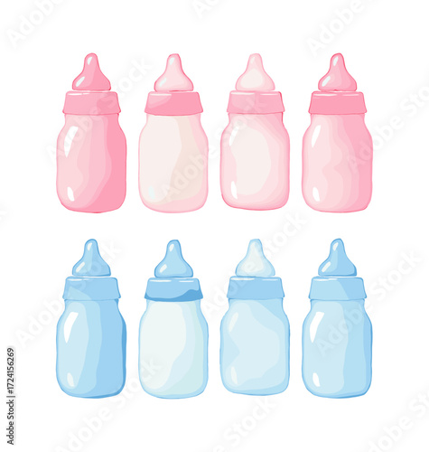 Watercolor illustration of baby bottles in pastel pink and blue, cute playful style