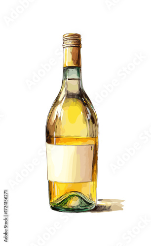 Watercolor illustration of wine bottle with white wine, soft golden liquid, realistic artisanal style, isolated on white background
