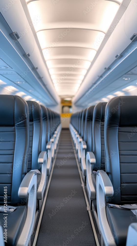 Obraz premium Empty airplane cabin with rows of colorful seats and bright lighting. 