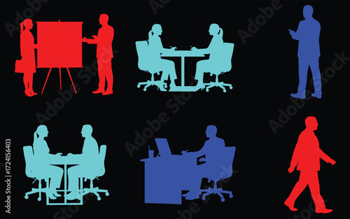 Business activity silhouettes, multicolor vector illustration, office interaction, presentation, mobile usage, meeting posture, workplace diversity, professional behavior
