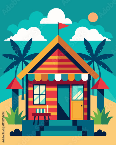 A brightly colored beachfront hut adorned with local art and decor creating an inspiring atmosphere for creativity and productivity.. Vector illustration