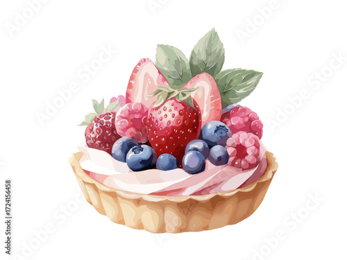 Watercolor illustration of fruit tart with strawberries, blueberries and raspberries, soft romantic pastel palette, isolated on white background
