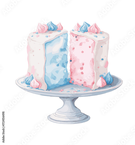 Watercolor illustration of gender reveal cake decorated with pink and blue elements, soft pastel romantic tones, isolated on white background