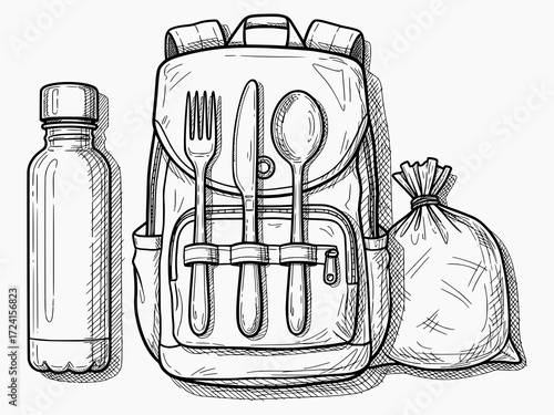 Camping Backpack and Hiking Essentials in Black and White Sketch Style - Hand-Drawn Vector Illustration for Outdoor Design