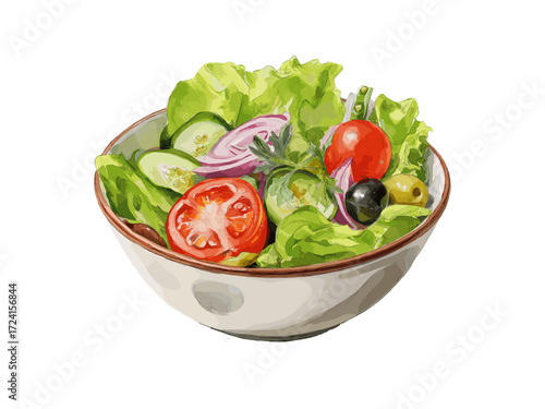 Watercolor illustration of salad bowl with lettuce, cucumber, tomatoes, olives and onion