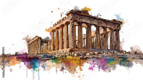 Ancient Sites in Athens Greece Watercolor Splash - Historical Landmark Artwork for Design Projects