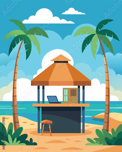 A tropical beachfront hut equipped with a standing desk so you can enjoy the stunning ocean views while staying productive and healthy.. Vector illustration