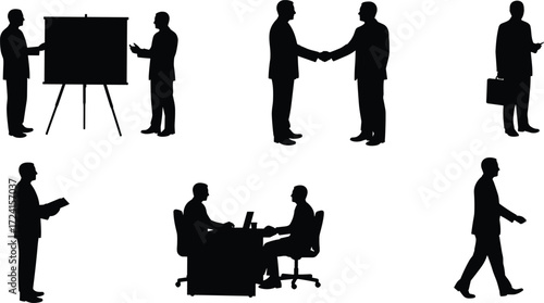 Businesspeople silhouette illustration, corporate interaction, handshake, presentation, mobile usage, seated interview, walking posture, professional activity, office scene