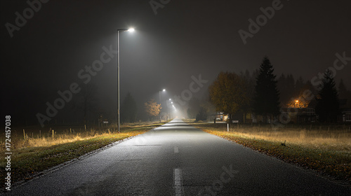 Solar powered LED street lights illuminate a rural road at night, casting a warm glow on the asphalt and surrounding landscape, enhancing safety and visibility for travelers