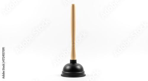 Plumbing tool with black rubber cup and wooden handle isolated on white background