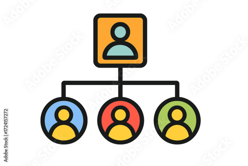 Organizational chart with central figure and three subordinates reporting hierarchy layout