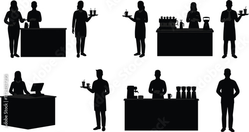 Cafe staff silhouette, barista, server, cashier, coffee shop roles, restaurant service, tray holding, counter work, drink preparation, teamwork, hospitality