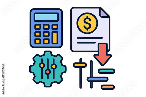 Financial management icons with calculator, invoice, and settings financial streamlining tools
