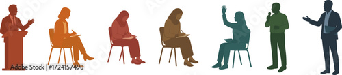 Illustration of people in various work and discussion scenarios, including a speaker at a podium, attendees taking notes, and individuals raising hands to participate.