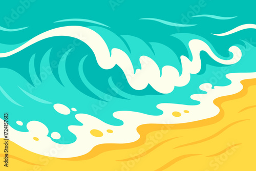A vibrant, stylized wave crashing onto the shore with bright blue water and golden sand, evoking a cheerful, beachy atmosphere.