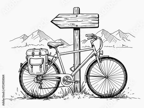 Touring Bicycle with Pannier by Signpost in Mountain Landscape - Black and White Sketch Vector Illustration for Travel Design